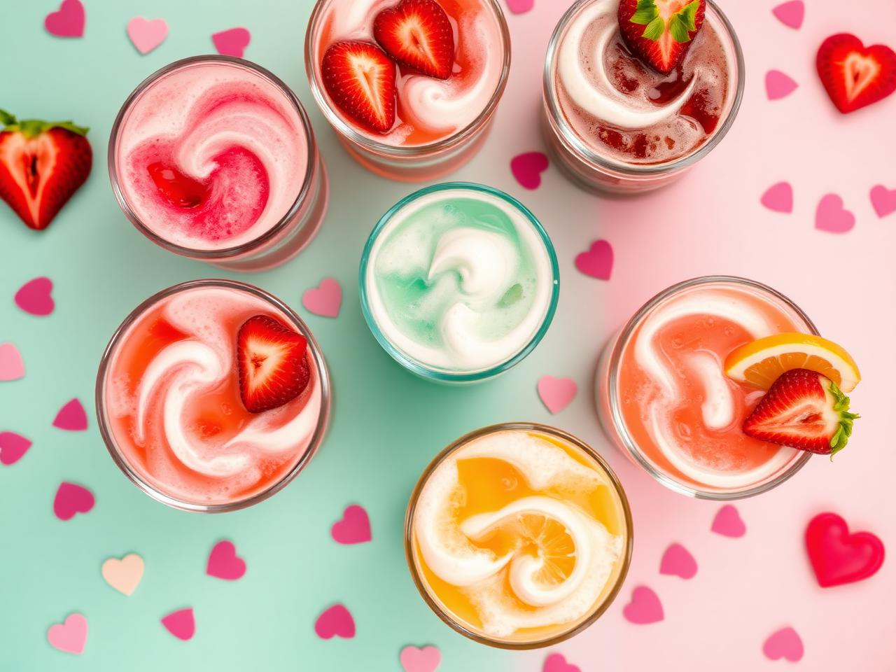 Colorful dirty sodas flat lay
